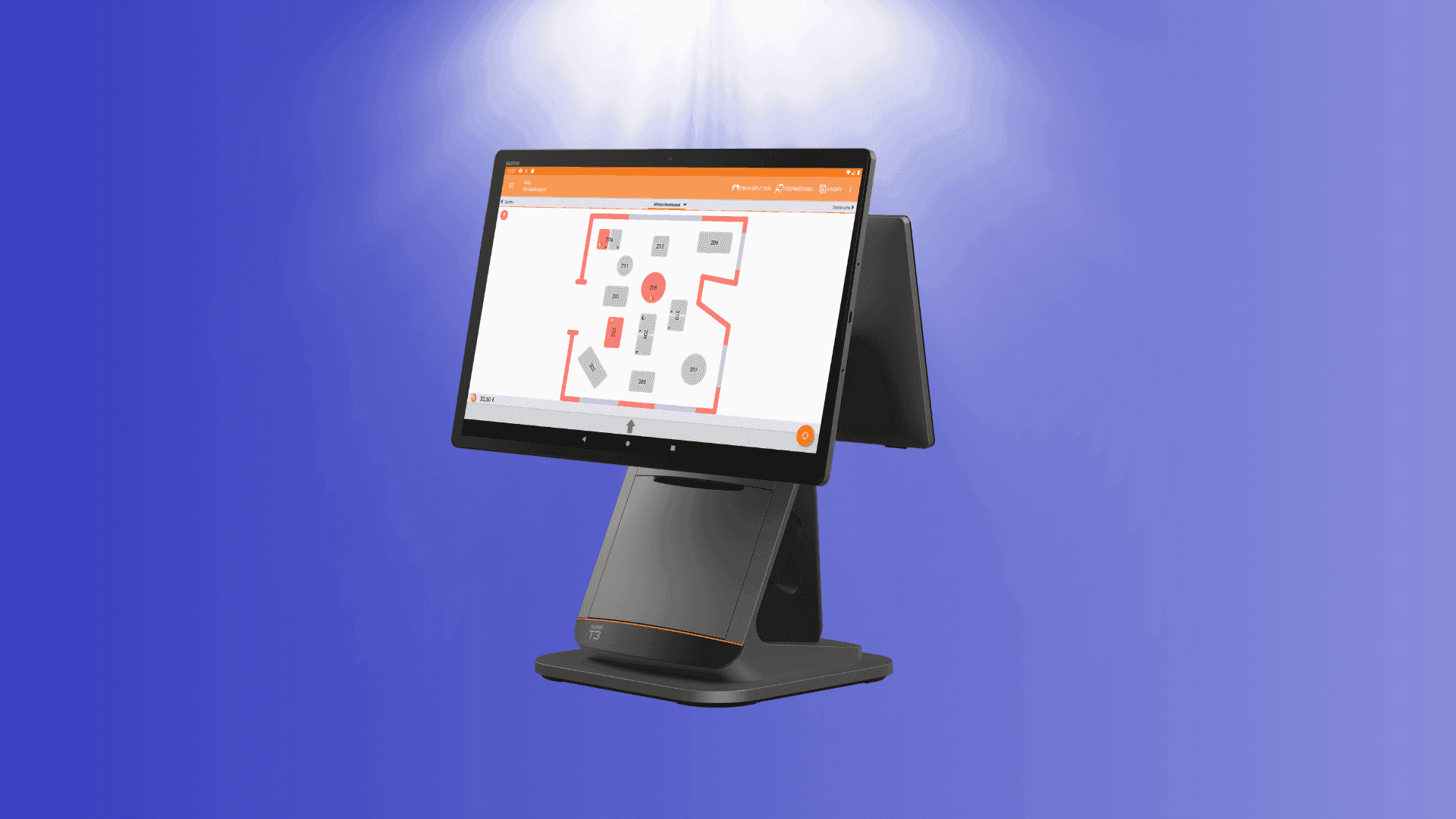Tablet on stand displaying a digital map with red navigation paths and shapes.