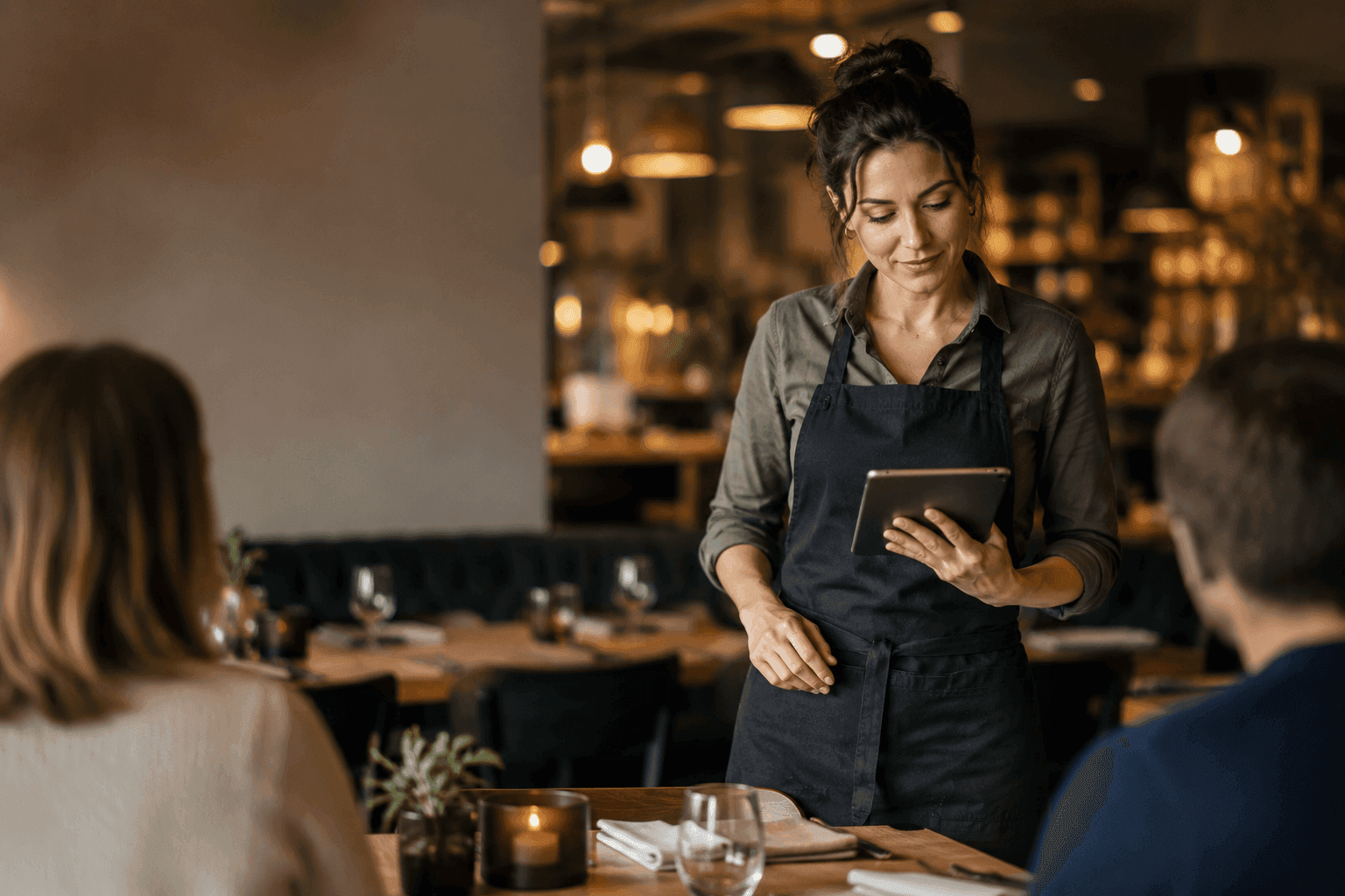 Server takes an order using a tablet from customers in a dimly lit restaurant.