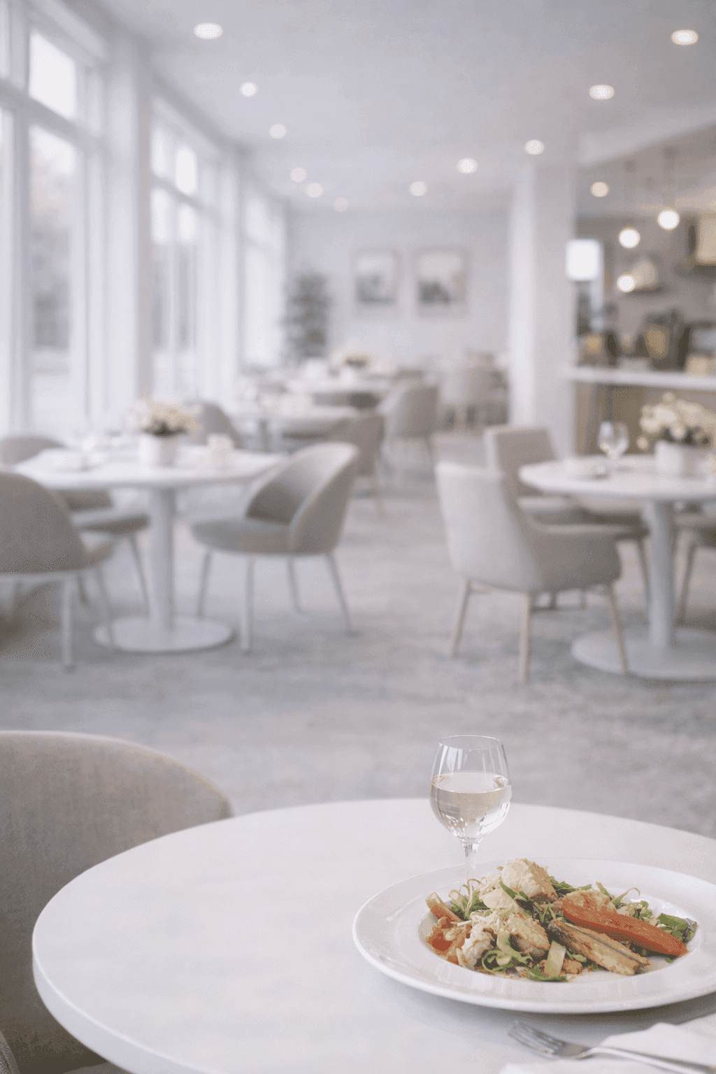 Plate of healthy food, white wine on a table in a bright, modern restaurant.
