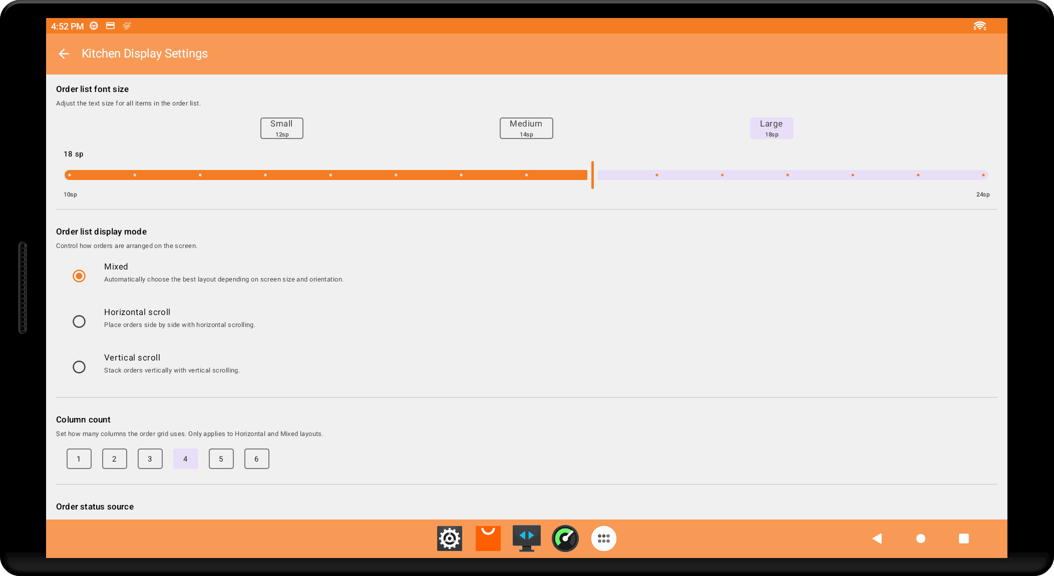 Tablet displaying kitchen display settings with a preparation time slider and rotation options.