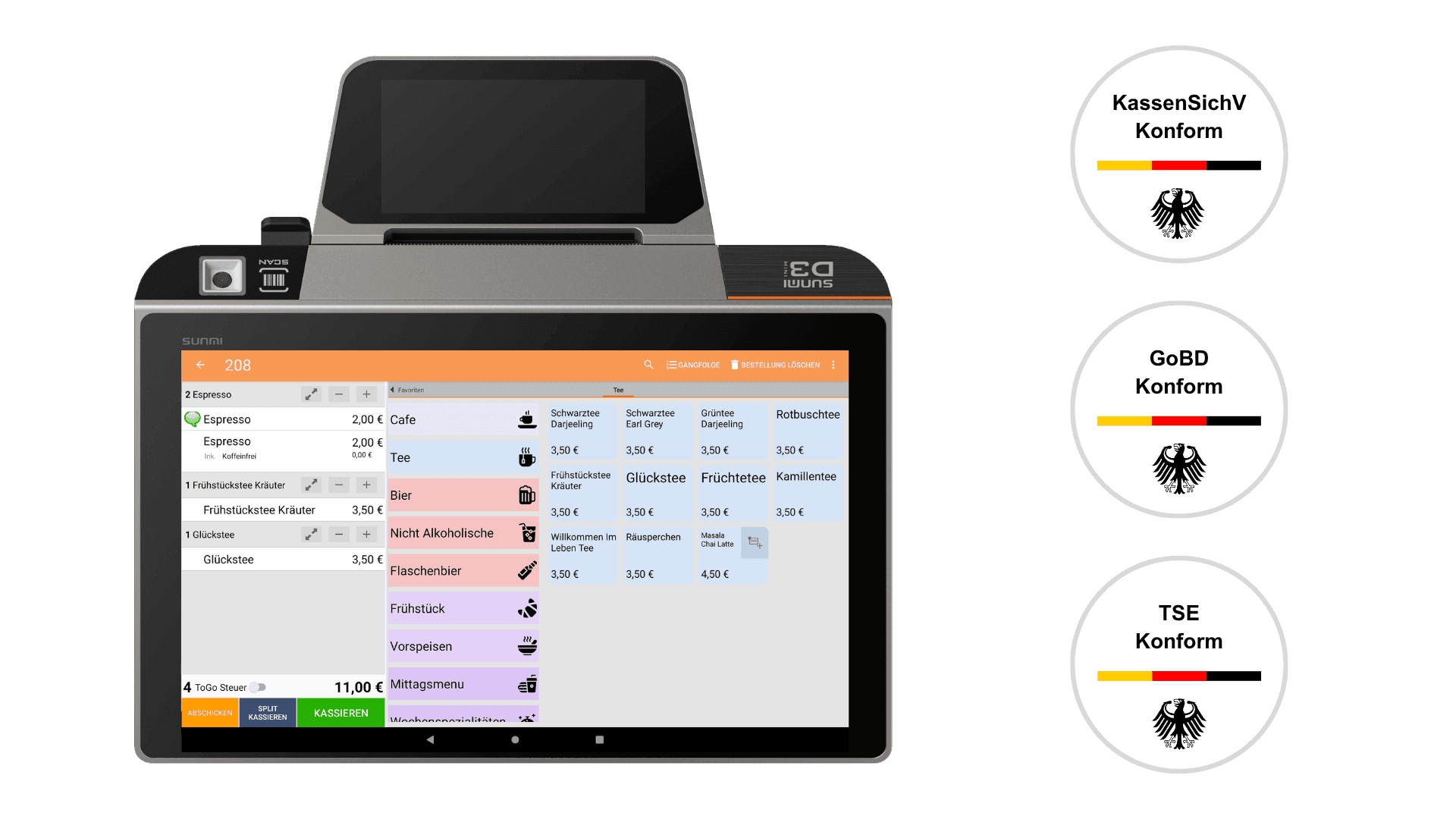 A point-of-sale system displaying a digital menu with various coffee and tea items.