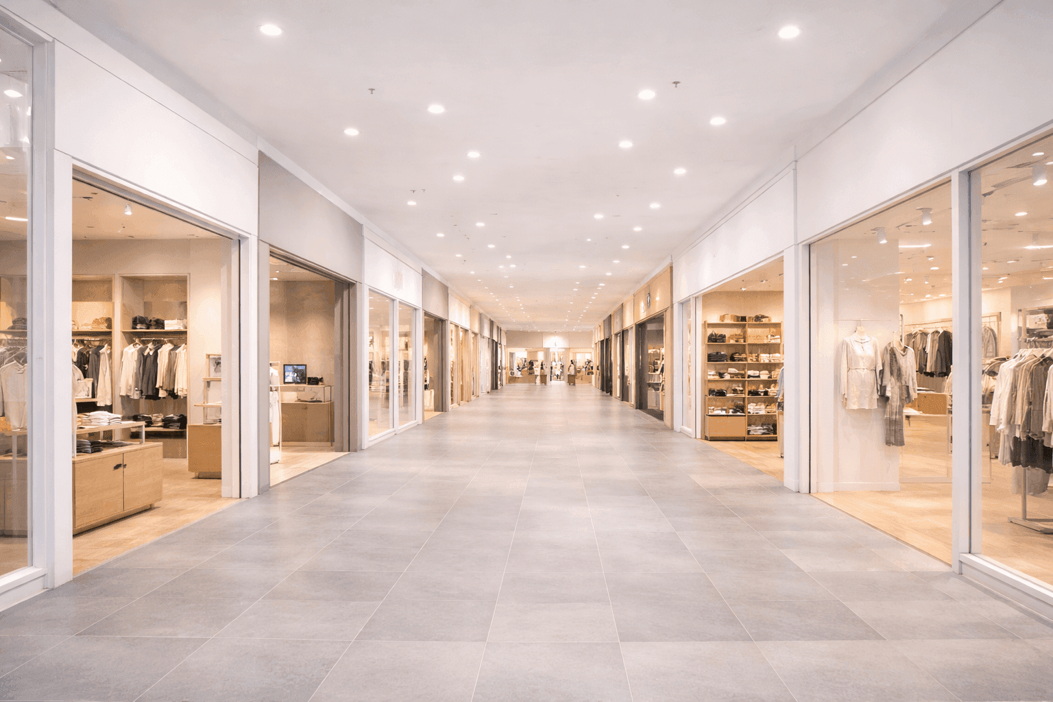 Bright, empty shopping mall corridor with multiple retail storefronts displaying merchandise.