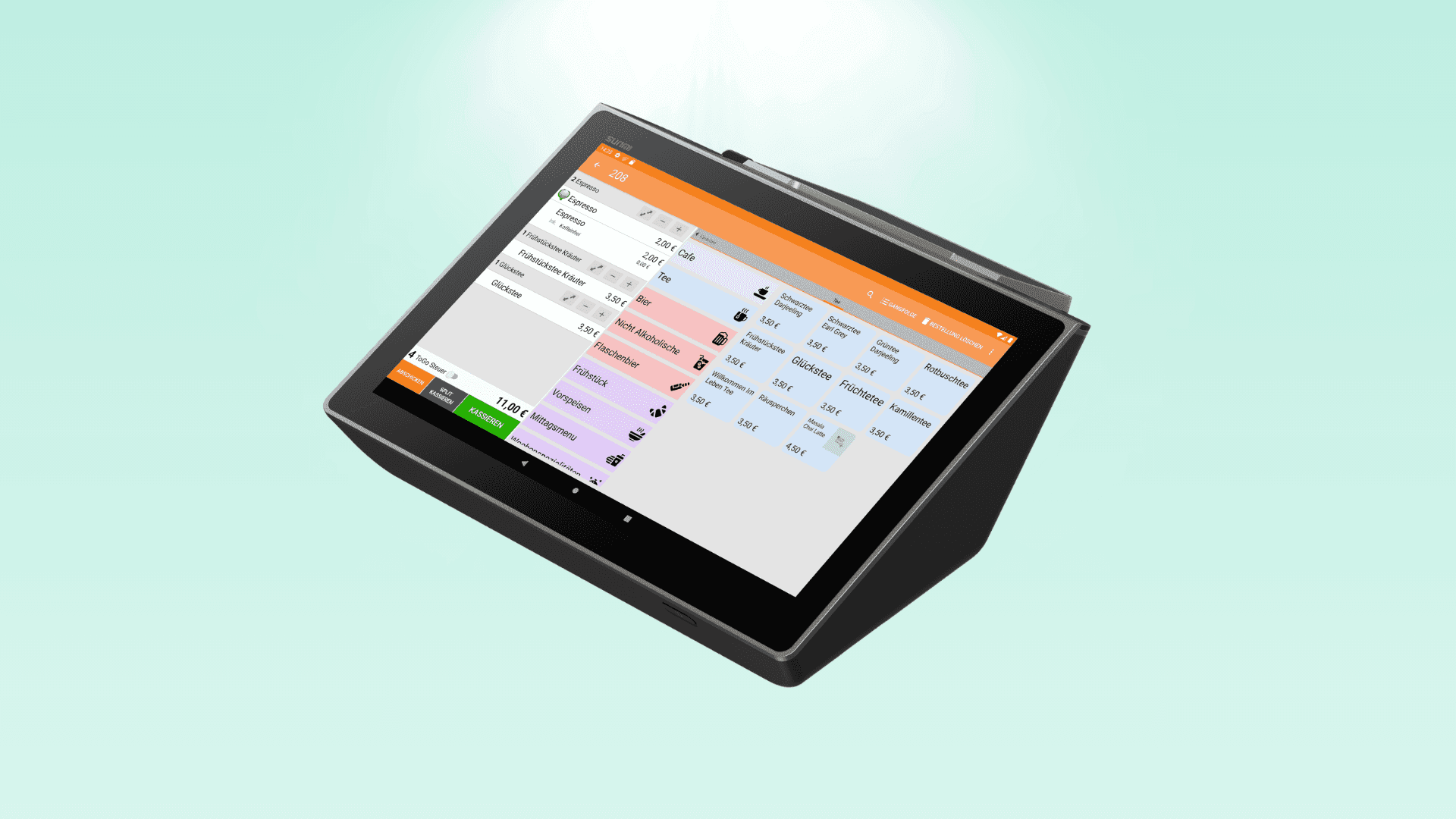 A black tablet device displays a business application with various data and lists.