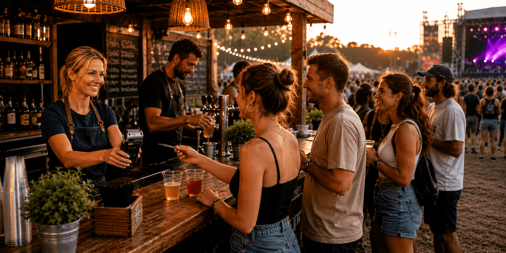 Belebter Foodstand auf einem Festival oder Stadtfest mit Gästen und Kassensystem im Einsatz.