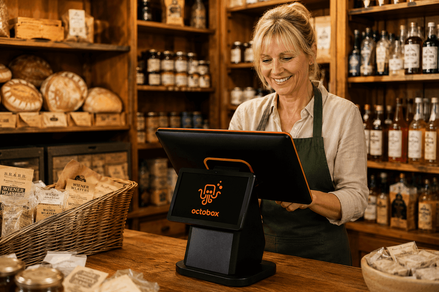 Smiling woman using an Octobox POS system in a charming specialty food store.